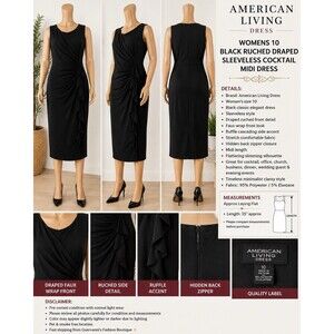 American Living Woman’s  Black Dress Size 10 Black Ruched Draped Sleeveless
